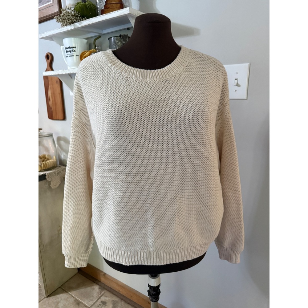 Vince Shaker Knit Sweater Size M Ivory Cotton Blend Crewneck Minimalist neutral